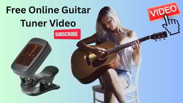 Woman playing acoustic guitar next to online digital guitar tuner for a free online video lesson.