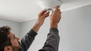 A close-up photograph of a professional interior worker's hands in a Middle Eastern / Turkish apartment, precisely applying finishing touches to a modern white suspended ceiling. The lighting is bright and clean, highlighting the smooth texture of the soft light grey walls and the sophisticated aesthetic of the renovation. The scene exudes expertise, craftsmanship, and trust, featuring a palette of soft grey and deep charcoal tones.