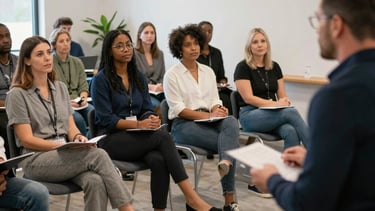 A friendly instructor presenting a live webinar with engaged participants