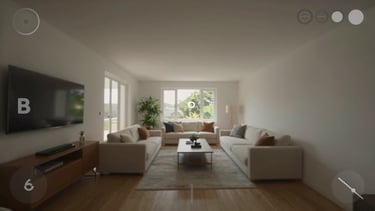 Still frame of Prototype B 360-degree virtual tour interface showing living area with navigation hotspots, natural light visible through windows, no people