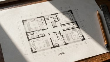 Overhead architectural plot plan diagram of a residential house footprint at ABIE Residencial, printed on off-white paper, mid-morning window light falling across the sheet from the right, ruler and pencil resting at the edge, no people