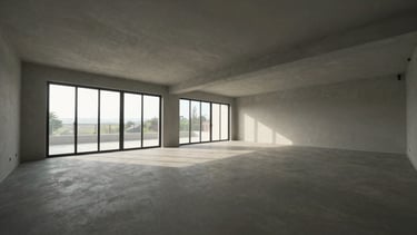Wide 16:9 placeholder frame for an embedded 360-degree virtual tour of Prototype A interior, mid-morning natural light, empty room showing full ceiling height and sightlines, no people, no furniture