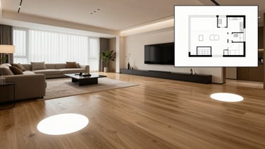 A wide 21:9 perspective of a luxury modern living room with a simulated 3D navigation overlay, clean white circular hotspots on the oak floor, and a minimalist floor plan inset in the corner.