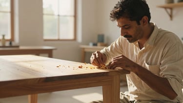 Cinematic 21:9 film still of a master craftsman in New Delhi hand-finishing a solid wood table joint, golden sunlight illuminating wood shavings, warm atmosphere, professional commercial video play overlay