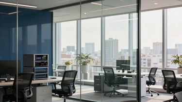 Interior of a modern high-tech office in a Latin American / Spanish metropolitan area. The scene features a glass-walled conference room with sleek furniture and advanced networking hardware visible in the background. Soft morning light enters through large windows, creating a professional and innovative mood with navy blue and off-white tones.