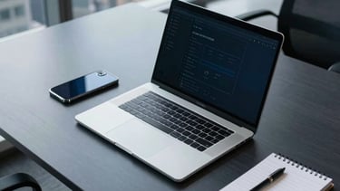 Professional high-angle photography of a modern tech office workspace in a North American city. A sleek desk features a silver laptop, a high-quality smartphone, and a notepad in a room filled with natural daylight. The palette is dominated by dark navy and light blue accents, emphasizing a clean, productive, and modern design atmosphere.