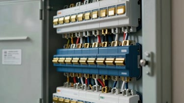 A close-up, professional photograph of a modern, organized residential electrical panel inside a North American home in British Columbia. The wiring is neat and precise, featuring dark blue components and gold-toned switches. The lighting is bright and clean, reflecting premium electrical craftsmanship and reliability.