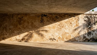 Wide editorial architectural shot of a restored colonial wall meeting a clean modern concrete ceiling, deep shadows, warm tropical afternoon light, empty serene space.
