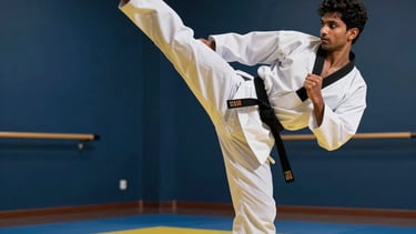 A high-action photograph of a South Asian athlete in a crisp white Taekwondo dobok performing a powerful spinning hook kick. The setting is a premium, modern martial arts studio in Delhi with dark blue walls and yellow training mats. Dramatic spotlighting creates a sporty, energetic atmosphere with high contrast and sharp focus on the athlete's intense expression.