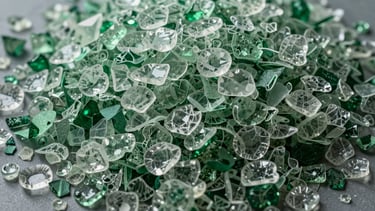 Overhead macro shot of dense sorted PET flake in translucent green and clear tones spread across a flat industrial surface, studio strobe lighting revealing grain texture and density variation, no people, no text