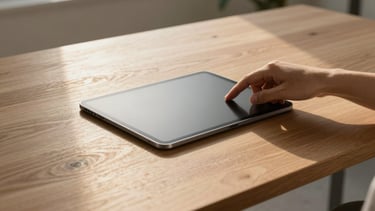 Wide architectural shot of a minimalist oak desk, a hand gently touching the single physical button of a matte-screen tablet, soft afternoon golden hour light.
