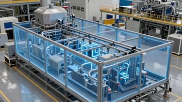 Industrial control room simulation with multiple screens showing plant operations