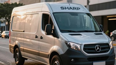Sharp photography of a professional delivery van parked on a clean Brazilian street during the golden hour. The vehicle is silver with steel blue accents, reflecting a sense of reliability and speed. The city backdrop is modern and business-oriented, captured with a shallow depth of field.