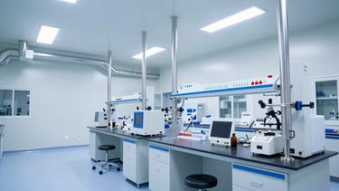 Wide panoramic view of a modern pharmaceutical cleanroom with sterile steel pipes, bright white clinical lighting, cool blue accents