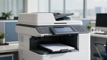 A professional Latin American office interior featuring a sleek, modern multifunctional printer and copier. Bright natural light filters through large windows, reflecting off clean cloud white surfaces. The scene is efficient and sophisticated, showcasing steel blue furniture accents and a sense of cutting-edge business technology.