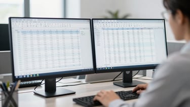 Crisp corporate office environment in bright daylight, dual-monitor workstation displaying clean financial ledgers, cool slate tones, sharp focus, editorial