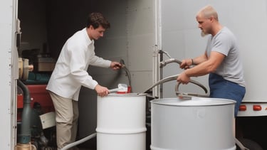 A friendly driver collecting used oil containers outside a bustling restaurant.