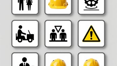 Industrial safety icons showing hard hats, forklifts, gears, and warning signs for workplace security.