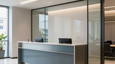 A high-end, modern corporate reception area in São Paulo, South American / Brazilian setting, featuring clean lines, glass partitions, and a professional atmosphere with subtle steel blue and off-white tones, soft natural lighting.