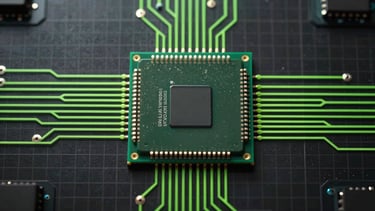 Top-down schematic diagram of a dual-core industrial gateway processor, neon-green circuit paths, technical grid background, crisp macro focus