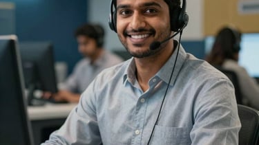 A professional South Asian / Indian customer support executive wearing a headset, smiling confidently at the camera in a modern logistics control room. The lighting is bright and efficient, featuring accents of dark blue and gold.