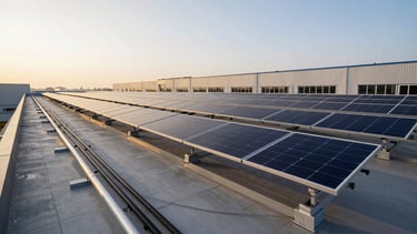 Environmental wide shot looking along a completed rooftop solar array on a large industrial warehouse, mounting rails and cable trays visible in the foreground receding into distance, golden hour sidelight, no crew present — showing finished structural and electrical work