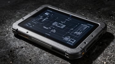 Detailed CAD schematic overlay of a rugged Android tablet's sealed port architecture, showing internal components and reinforced casing, high-contrast, technical blueprint style, 35mm