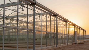 A professional wide-angle photograph of a modern industrial-scale greenhouse facility in the Saudi Arabian desert at sunset, featuring sleek steel frames and high-tech irrigation pipes, with warm orange sunlight reflecting off the glass, embodying modern innovation and professional expertise in agriculture.