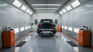 Wide shot of a modern, clean automotive paint booth in Noida, bright industrial lighting, a car on a lift in the center, tools neatly organized, metallic textures, 35mm.