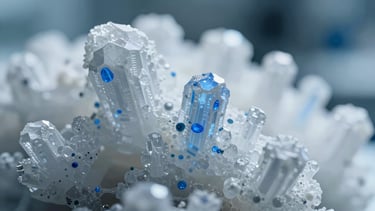 High-contrast macro close-up of crystalline chemical structures under cool-toned clinical laboratory lighting, sharp blue highlights, shallow depth of field.