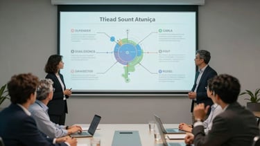 A group of professional consultants in a minimalist conference room, looking at a digital projection of a technical roadmap, South American setting.