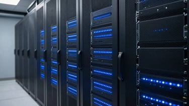 A sophisticated server room interior with soft blue LED lights, representing reliable and secure data infrastructure.