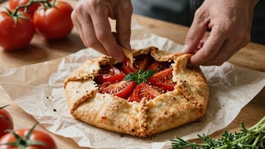 A warm, natural light photography shot in a Western / North American artisanal kitchen. A professional creative is styling a rustic tomato galette for a social media shoot. Crisp Parchment linens, Matte Forest Green herbs, and Deep Ripe Crimson tomatoes are visible. Sophisticated yet approachable atmosphere.