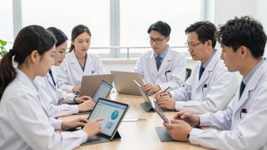 A wide-angle editorial photograph of Vietnamese medical professionals and technology experts in a bright, daylight-filled meeting room in Ha Noi, reviewing data dashboards on tablets, professional clinical tones, shallow depth of field.