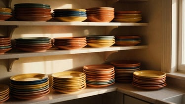 Warm environmental photo of a cozy kitchen corner, sunlit shelves stacked with colorful terracotta and mustard yellow plates, soft side-shadows, shallow depth of field.