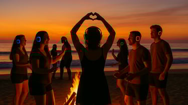People wearing headphones and dancing together at the beach with a sunset