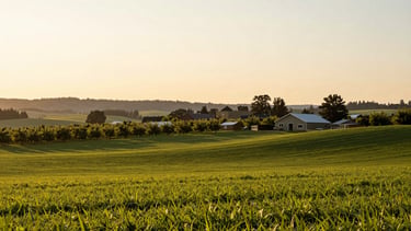 Wide panoramic view of a beautiful 20-acre family farm in Washington during golden hour, rolling green pastures, distant orchards under a soft warm sky.