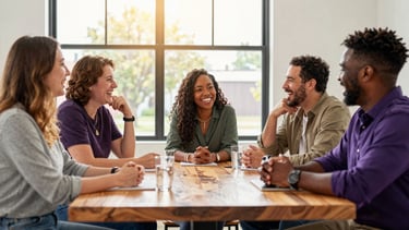 A diverse group of community leaders laughing around a wooden table in a bright Spartanburg studio, warm natural light.