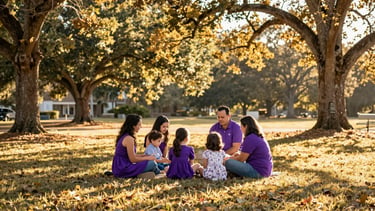 A warm family gathering in an outdoor park in Easley, South Carolina, golden hour sunlight filtering through trees.