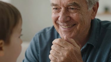 Close-up candid shot of an elderly grandfather smiling warmly while holding the hand of a young toddler, soft ambient indoor lighting, natural textures