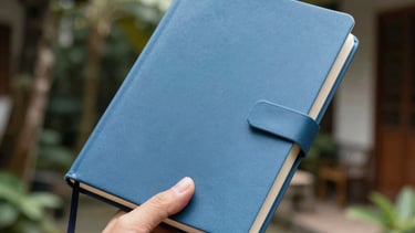 A hand holding a thick, well-designed journal with a minimalist blue cover. The background is a blurred image of a leafy Southeast Asian courtyard. Bright, natural daylight.