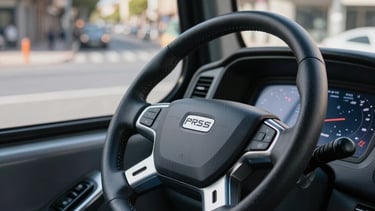 Close-up photography of a professional steering wheel of a modern urban bus, with a clean dashboard and digital controls. A view of a sunny Southern European / Spanish urban avenue through the window. The color palette features dark blue and silver accents. Professional, sharp focus, efficient atmosphere.
