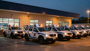 Wide shot of a fleet of marked security patrol vehicles with lightbars, parked neatly outside a modern dispatch office building at dusk, amber light reflecting, deep navy and amber tones, high contrast, 35mm lens