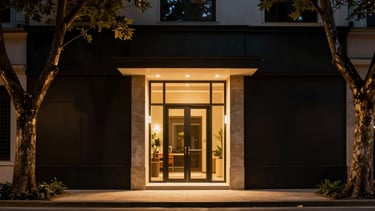 Fachada elegante do Studio Simone Castro à noite, com iluminação dourada sutil destacando a entrada, em uma rua arborizada. Estilo editorial, dramático.