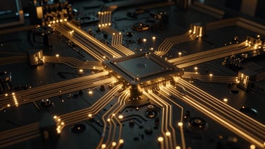 Wide panoramic shot of abstract industrial technology, intricate circuits glowing with warm golden light, deep shadows, cinematic, 35mm lens
