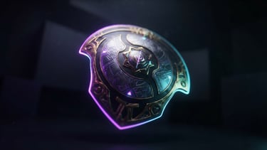 A sleek 3D digital render of a glowing metallic shield with electric purple and cyan rim lights, floating in a dark minimalist studio space, premium lighting, high fidelity, cinematic depth of field.