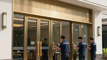 Professional photography of a large-scale commercial door installation in a North American / US corporate plaza. A team of technicians in navy blue uniforms are performing maintenance. Clear daylight, sharp focus, with accents of gold-toned hardware and pale white architectural details.