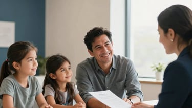 A warm, natural light-filled photography of a North American / Hispanic family sitting at a modern table in a bright office, smiling and looking at a document with a professional advisor. The room features soft beige walls and deep blue accents, reflecting a clean and secure atmosphere. Modern, high-end, and emotionally supportive style.