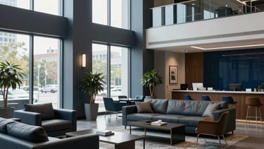 A wide-angle, professional photograph of a sophisticated North American office lobby with deep charcoal and slate blue accents, featuring high-end modern furniture and bright natural lighting from large windows, conveying a trustworthy financial institution.