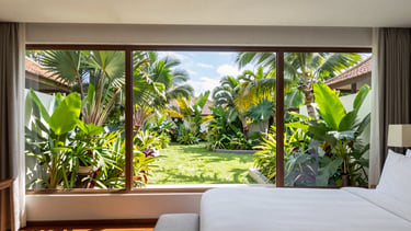 Wide angle bright editorial shot of a boutique hotel room with large windows overlooking a lush tropical garden, natural sunlight